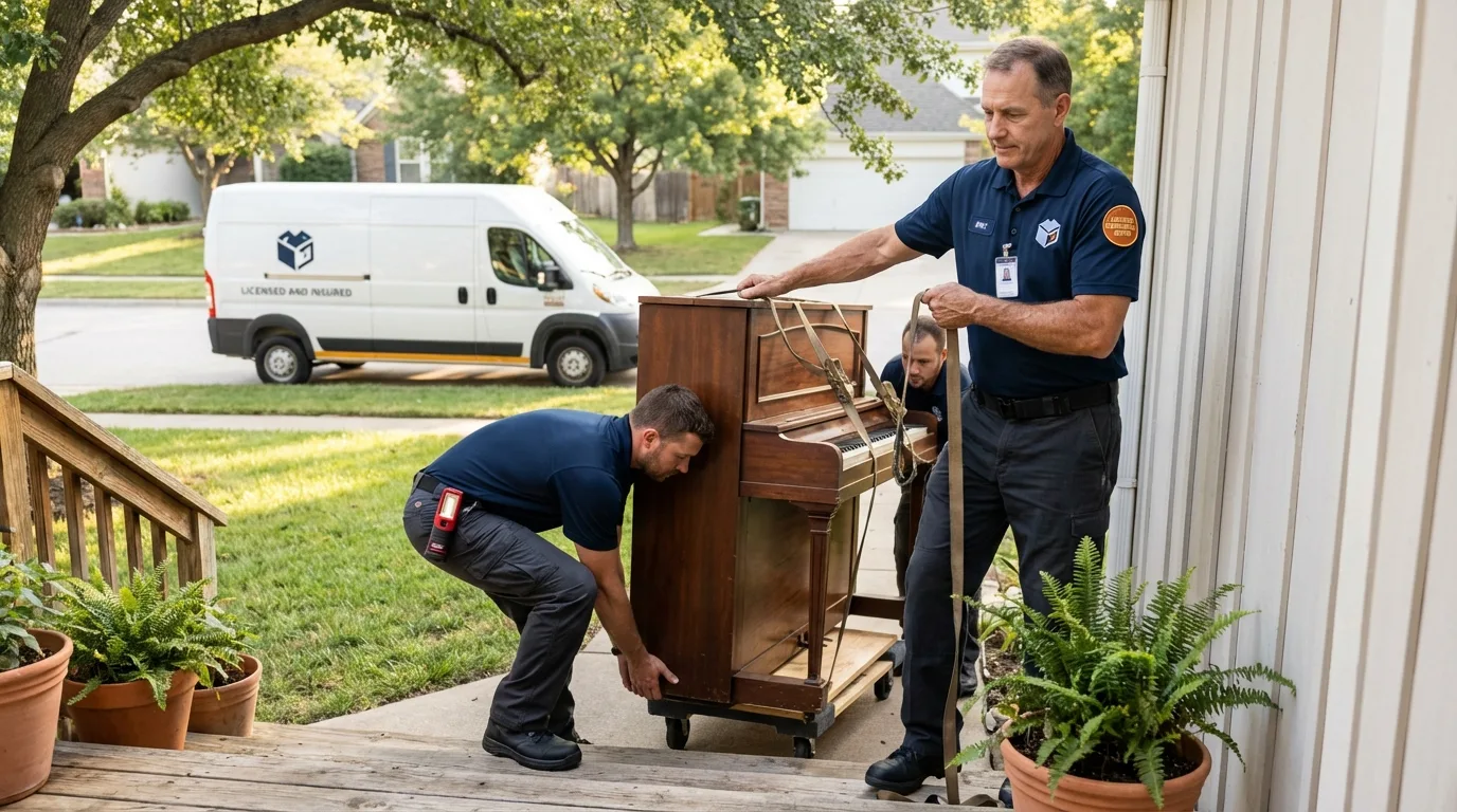 Licensed piano movers securing grand piano in Powderly, TX