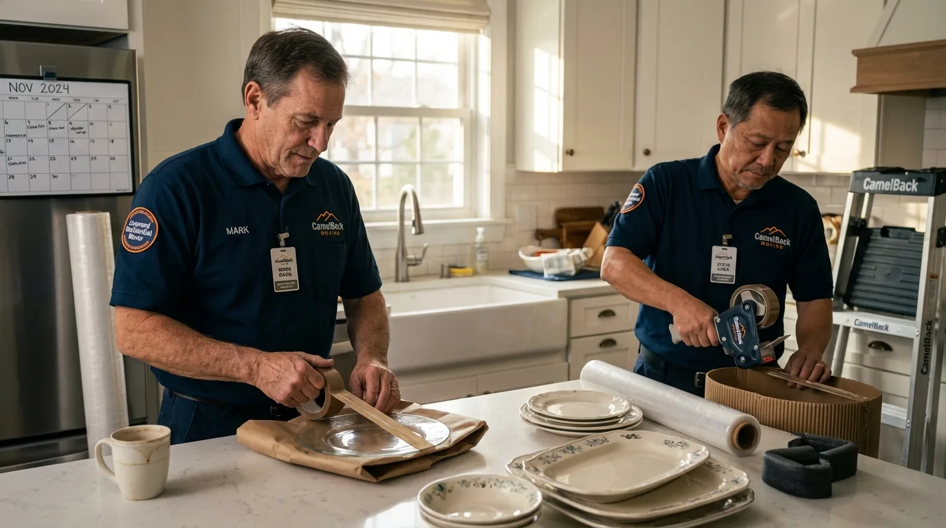 Professional crew packing kitchen dishware in Powderly, TX